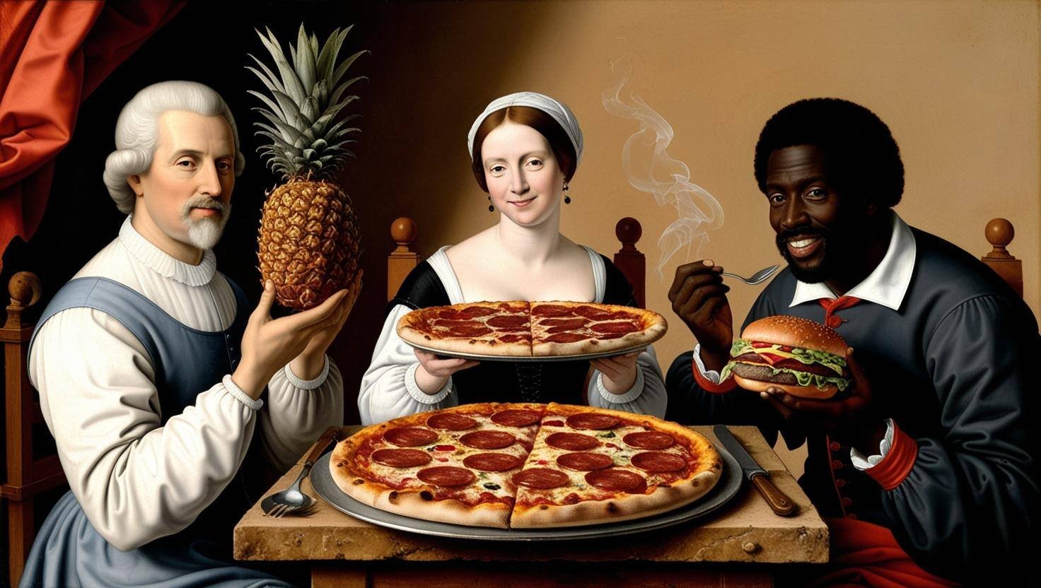 1 homem branco com um ananas, 1 mulher branca com uma pizza e 1 um homem negro com um hamburguer em bolo do caco 1 homem branco com um ananas, 1 mulher branca com uma pizza e 1 um homem negro com um hamburguer em bolo do caco